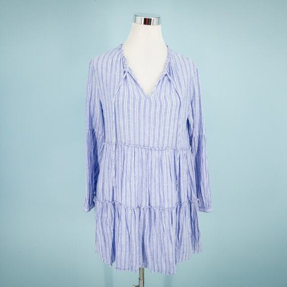 Rails Size Small S Blue Ludlow Stripe V Tie Neck Long Sleeve Linen Mini Dress - Picture 1 of 7